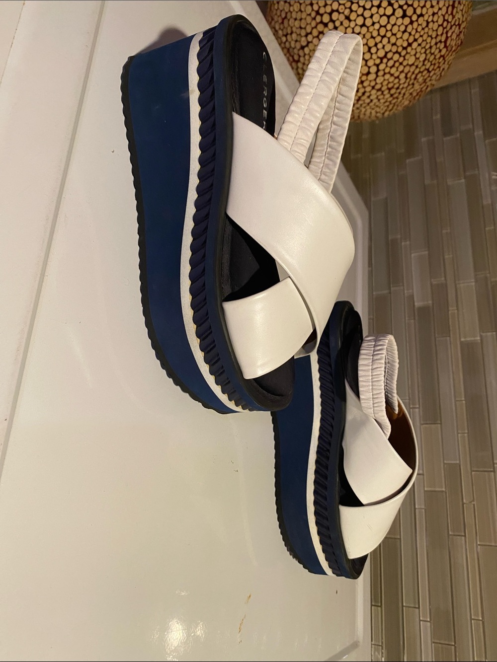 Robert Clergerie White Crisscross Platform Slingback Sandals with Navy Sole